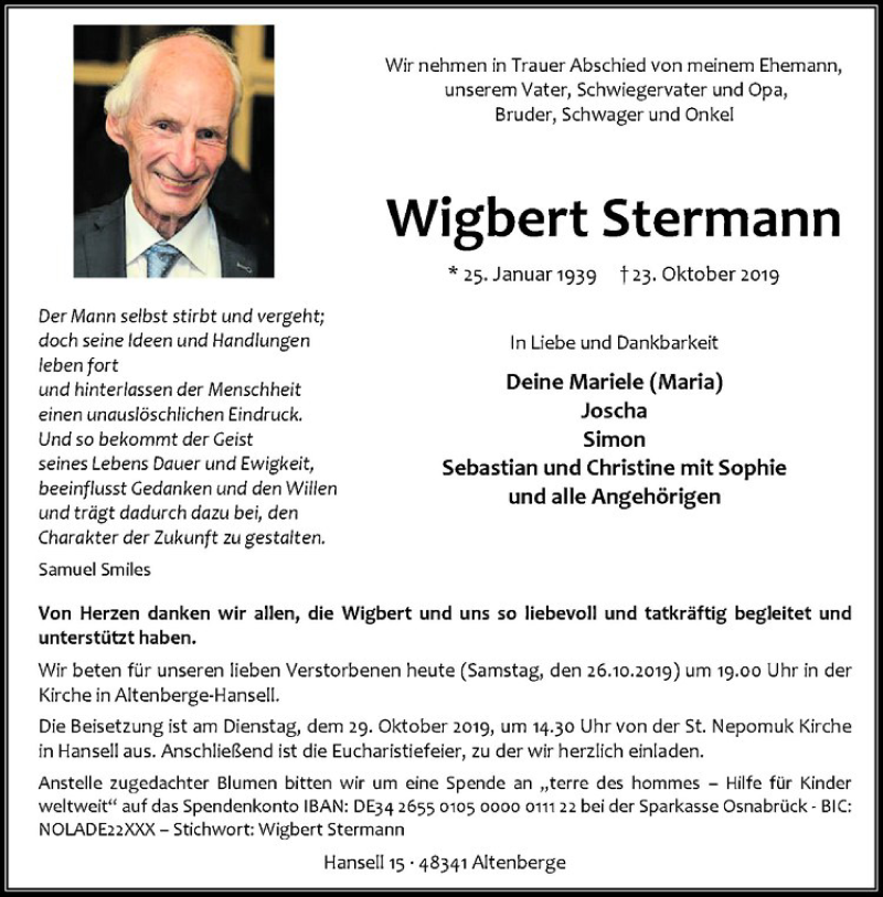  Traueranzeige für Wigbert Stermann vom 26.10.2019 aus Westfälische Nachrichten