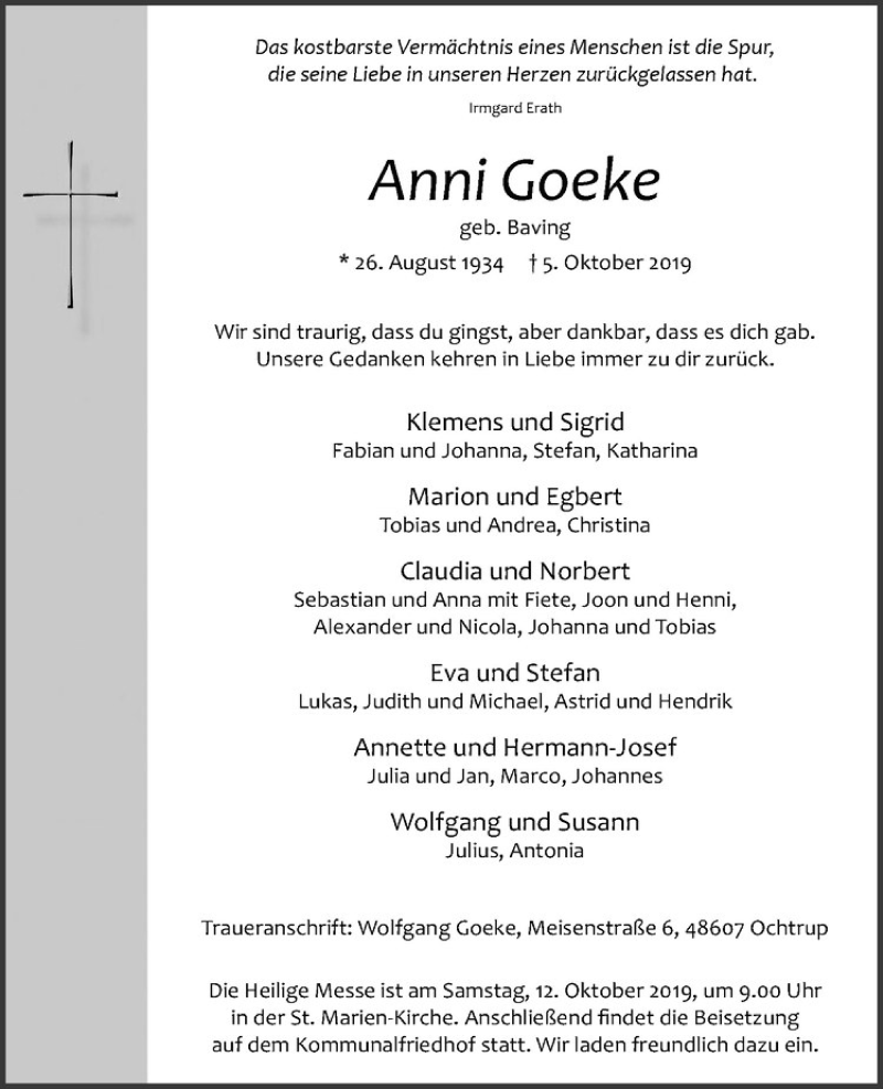  Traueranzeige für Anni Goeke vom 08.10.2019 aus Westfälische Nachrichten