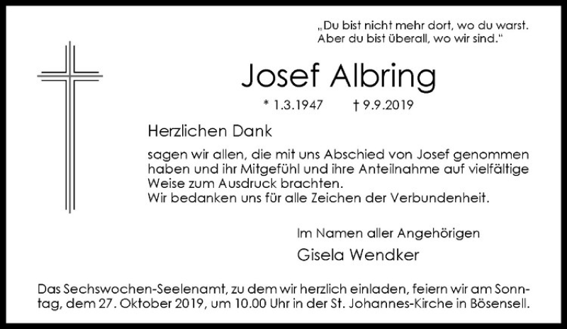  Traueranzeige für Josef Albring vom 19.10.2019 aus Westfälische Nachrichten