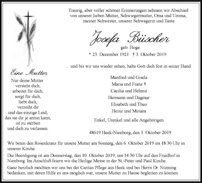  Traueranzeige für Josefa Büscher vom 05.10.2019 aus Westfälische Nachrichten