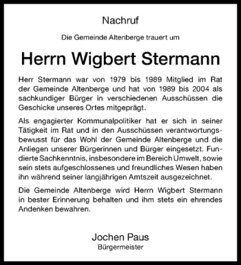 Anzeige von Wigbert Stermann von Westfälische Nachrichten