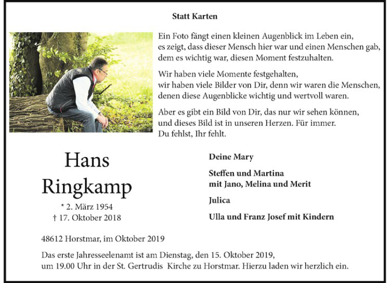  Traueranzeige für Hans Ringkamp vom 05.10.2019 aus Westfälische Nachrichten