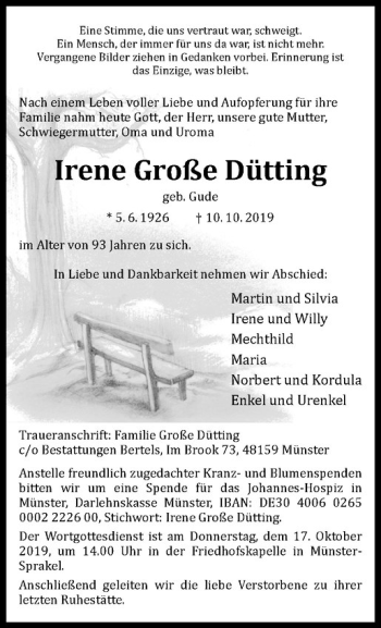 Anzeige von Irene Große Dütting von Westfälische Nachrichten