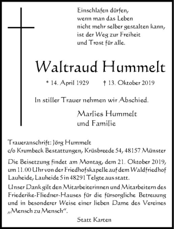 Anzeige von Waltraud Hummelt von Westfälische Nachrichten