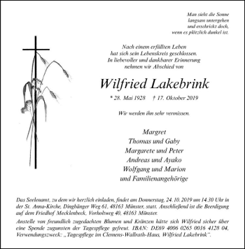 Anzeige von Wilfried Lakebrink von Westfälische Nachrichten