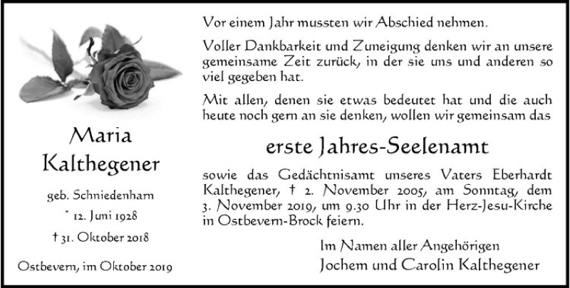  Traueranzeige für Maria Kalthegener vom 19.10.2019 aus Westfälische Nachrichten