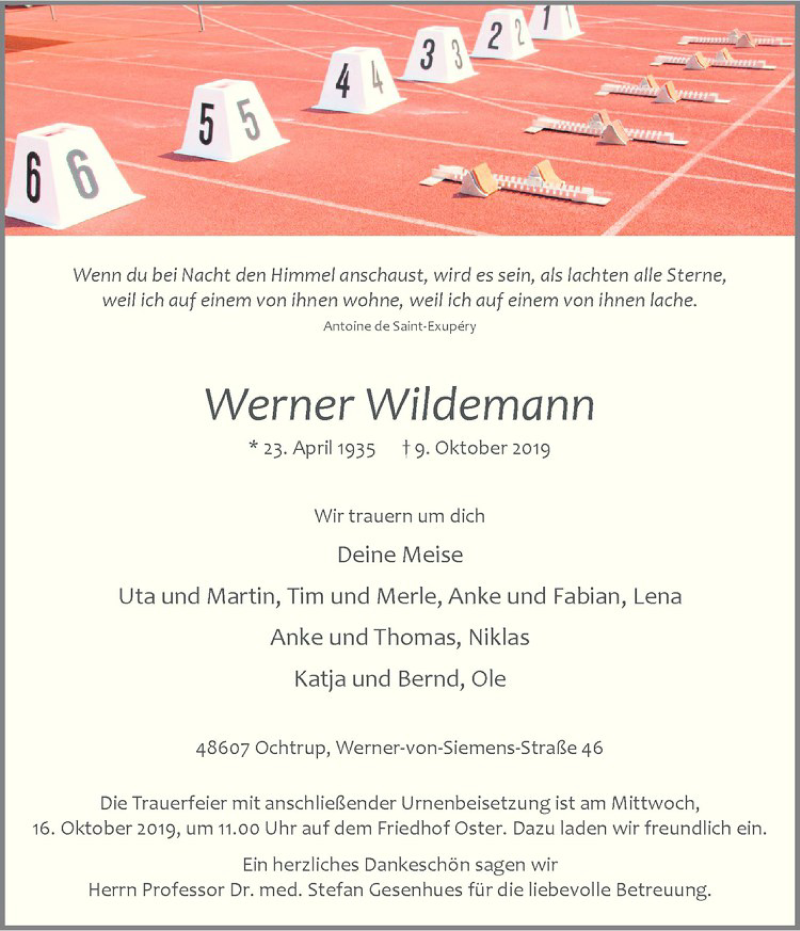  Traueranzeige für Werner Wildemann vom 11.10.2019 aus Westfälische Nachrichten