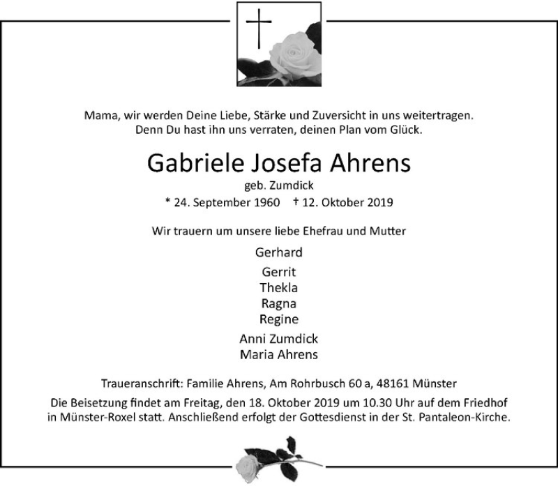  Traueranzeige für Gabriele Josef Ahrens vom 16.10.2019 aus Westfälische Nachrichten