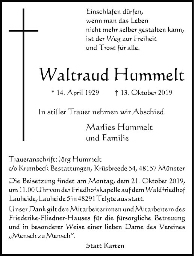  Traueranzeige für Waltraud Hummelt vom 17.10.2019 aus Westfälische Nachrichten
