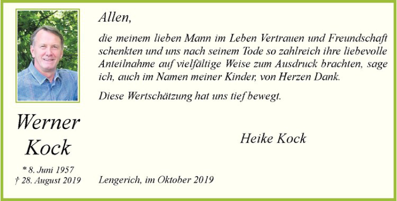  Traueranzeige für Werner Kock vom 09.10.2019 aus Westfälische Nachrichten