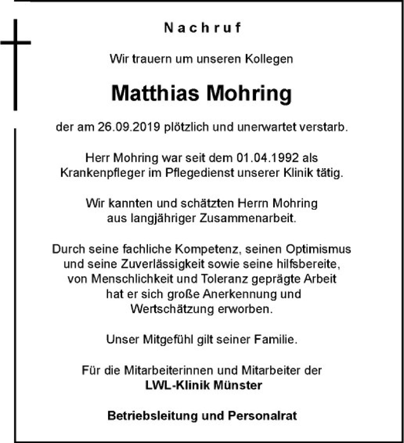  Traueranzeige für Matthias Mohring vom 05.10.2019 aus Westfälische Nachrichten