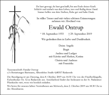 Anzeige von Ewald Ontrup von Westfälische Nachrichten
