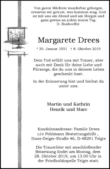 Anzeige von Margarete Drees von Westfälische Nachrichten