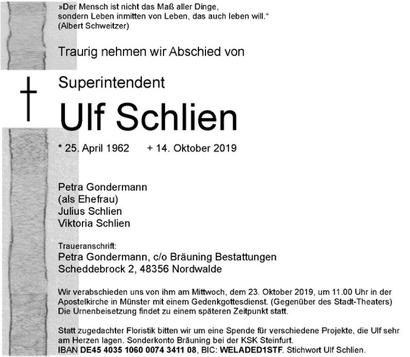  Traueranzeige für Ulf Schlien vom 17.10.2019 aus Westfälische Nachrichten