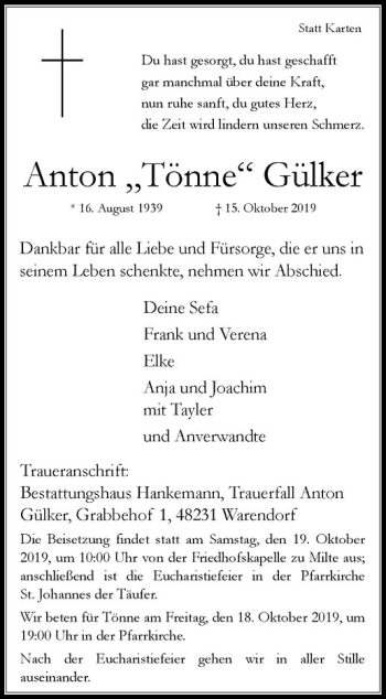 Anzeige von Anton Gülker von Westfälische Nachrichten