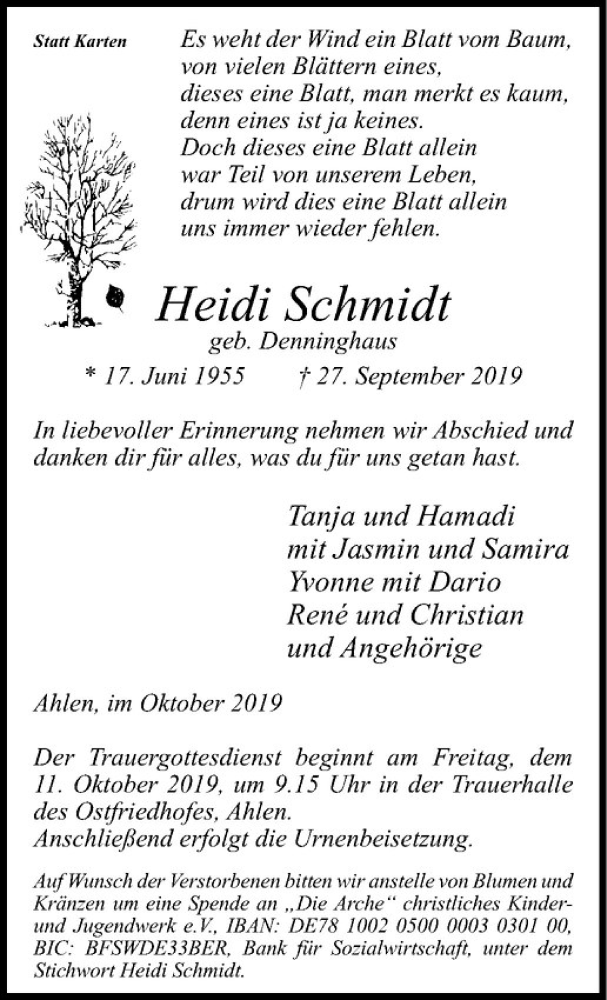 Traueranzeige für Heidi Schmidt vom 05.10.2019 aus Westfälische Nachrichten