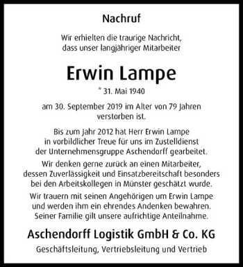 Anzeige von Erwin Lampe von Westfälische Nachrichten