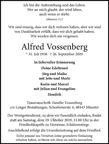 Anzeige von Alfred Vossenberg von Westfälische Nachrichten
