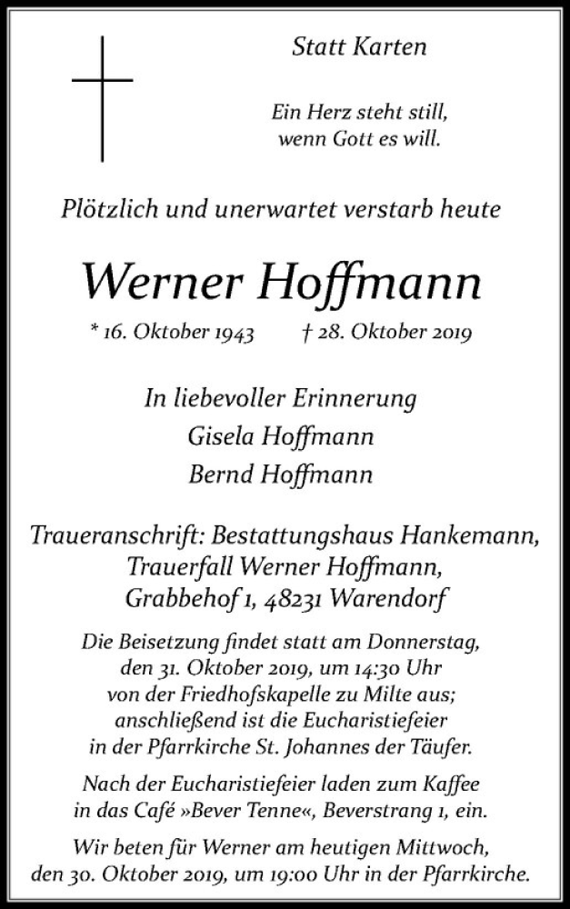  Traueranzeige für Werner Hoffmann vom 30.10.2019 aus Westfälische Nachrichten