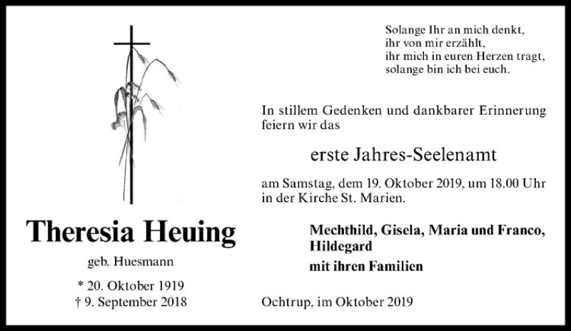  Traueranzeige für Theresia Heuing vom 18.10.2019 aus Westfälische Nachrichten