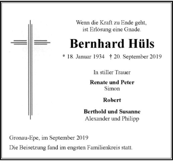 Anzeige von Bernhard Hüls von Westfälische Nachrichten