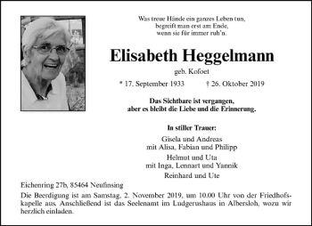 Anzeige von Elisabeth Heggelmann von Westfälische Nachrichten