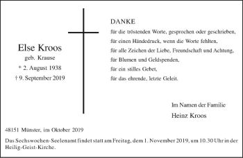 Anzeige von Else Kroos von Westfälische Nachrichten