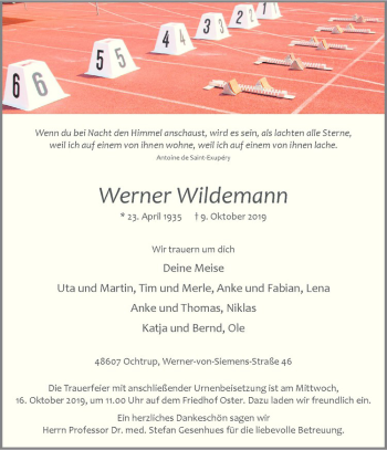 Anzeige von Werner Wildemann von Westfälische Nachrichten
