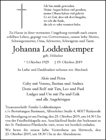 Anzeige von Johanna Loddenkemper von Westfälische Nachrichten