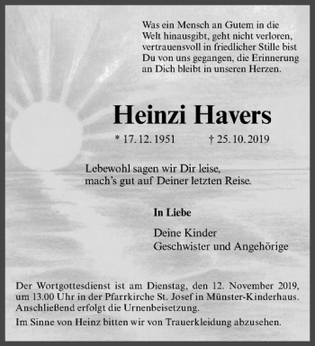 Anzeige von Heinzi Havers von Westfälische Nachrichten