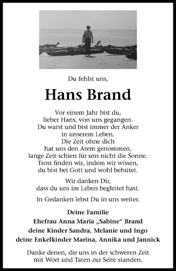 Anzeige von Hans Lothar Brand von Westfälische Nachrichten