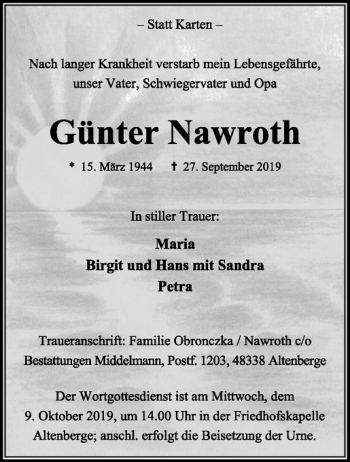 Anzeige von Günter Nawroth von Westfälische Nachrichten