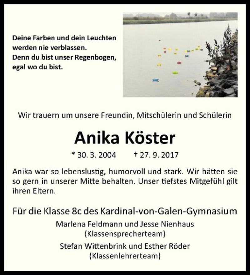  Traueranzeige für Anika Köster vom 05.10.2017 aus Westfälische Nachrichten