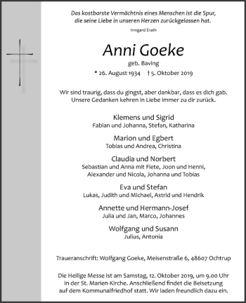 Anzeige von Anni Goeke von Westfälische Nachrichten