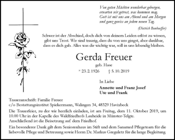 Anzeige von Gerda Freuer von Westfälische Nachrichten