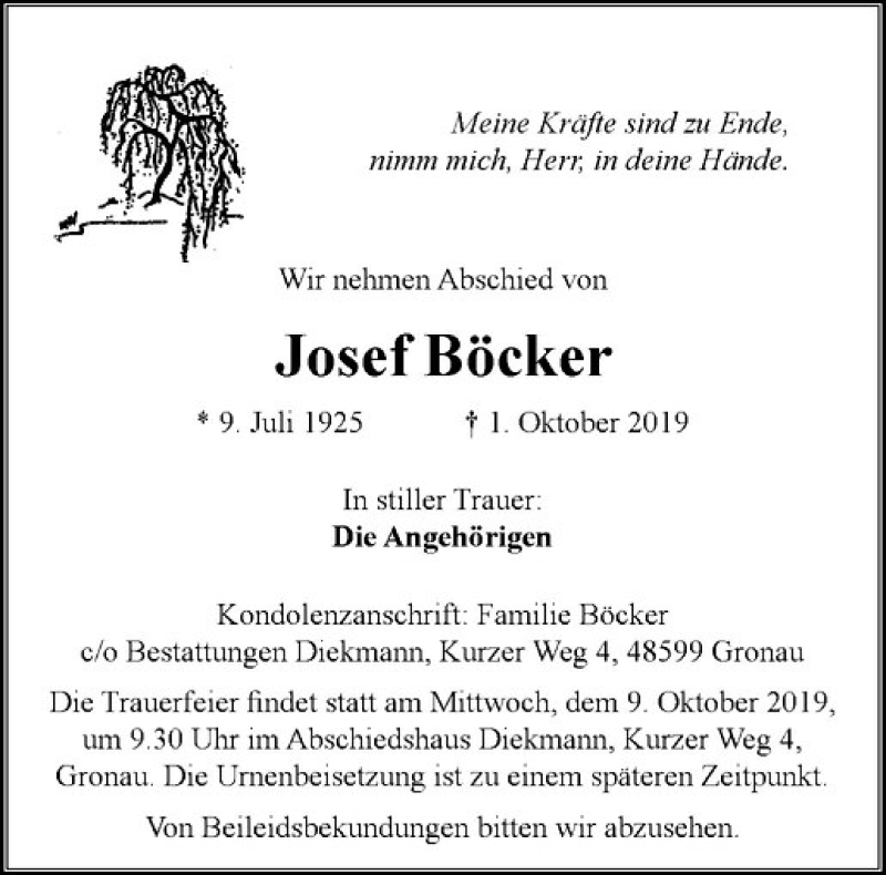  Traueranzeige für Josef Böcker vom 05.10.2019 aus Westfälische Nachrichten