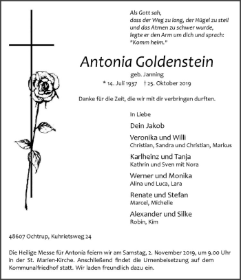 Anzeige von Antonia Goldenstein von Westfälische Nachrichten