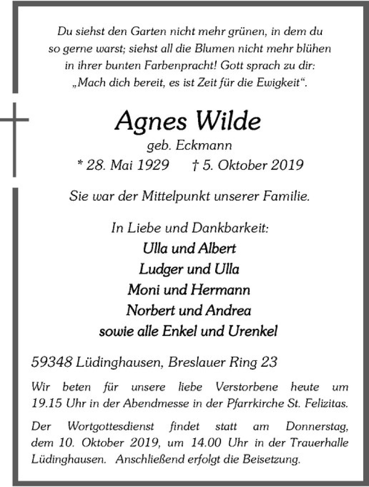  Traueranzeige für Agnes Wilde vom 08.10.2019 aus Westfälische Nachrichten