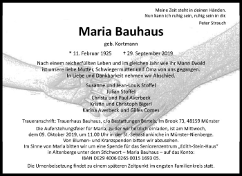 Anzeige von Maria Bauhaus von Westfälische Nachrichten