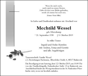 Anzeige von Mechtild Wessel von Westfälische Nachrichten