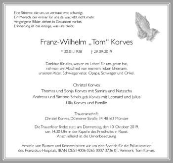 Anzeige von Franz-Wilhelm Korves von Westfälische Nachrichten