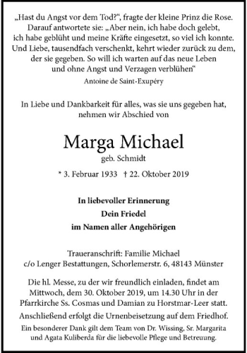 Anzeige von Marga Michael von Westfälische Nachrichten