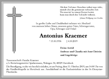 Anzeige von Antonius Kraemer von Westfälische Nachrichten