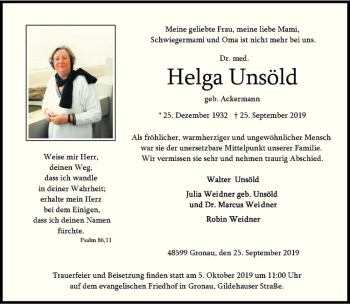 Anzeige von Helga Unsöld von Westfälische Nachrichten