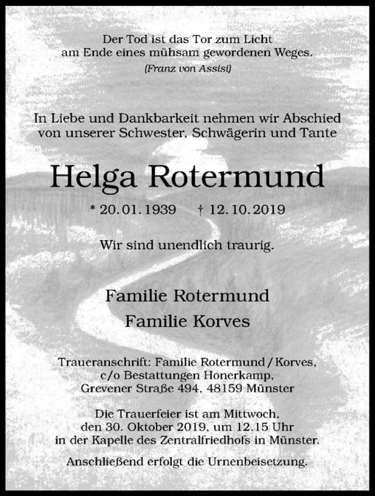  Traueranzeige für Helga Rotermund vom 23.10.2019 aus Westfälische Nachrichten