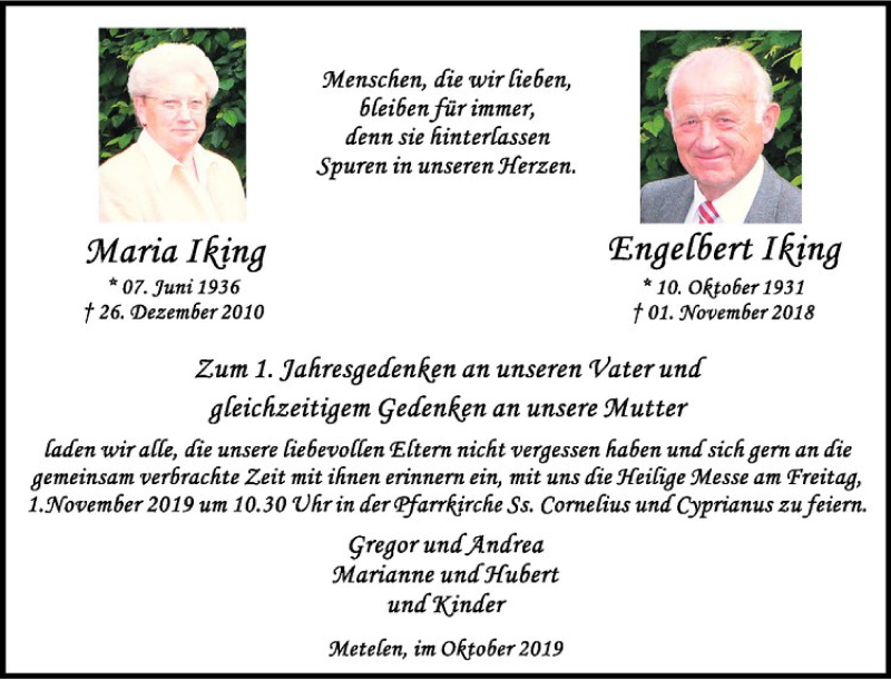  Traueranzeige für Engelbert Iking vom 30.10.2019 aus Westfälische Nachrichten