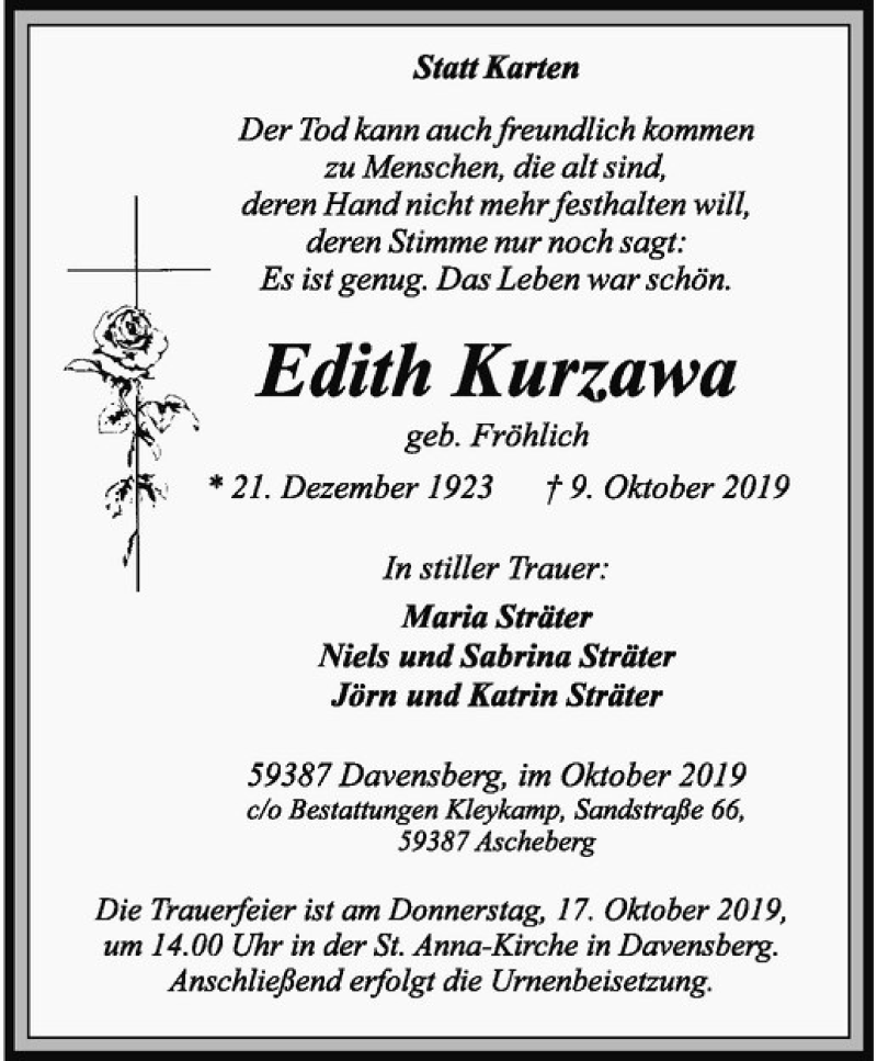  Traueranzeige für Edith Kurzawa vom 12.10.2019 aus Westfälische Nachrichten