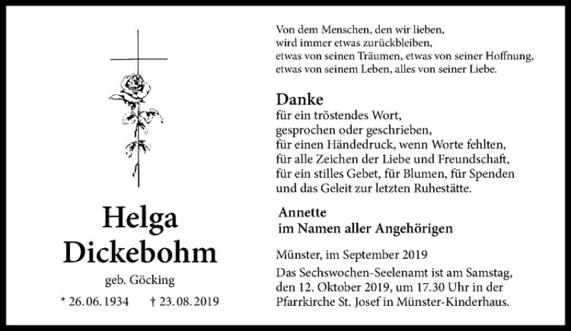  Traueranzeige für Helga Dickebohn vom 09.10.2019 aus Westfälische Nachrichten