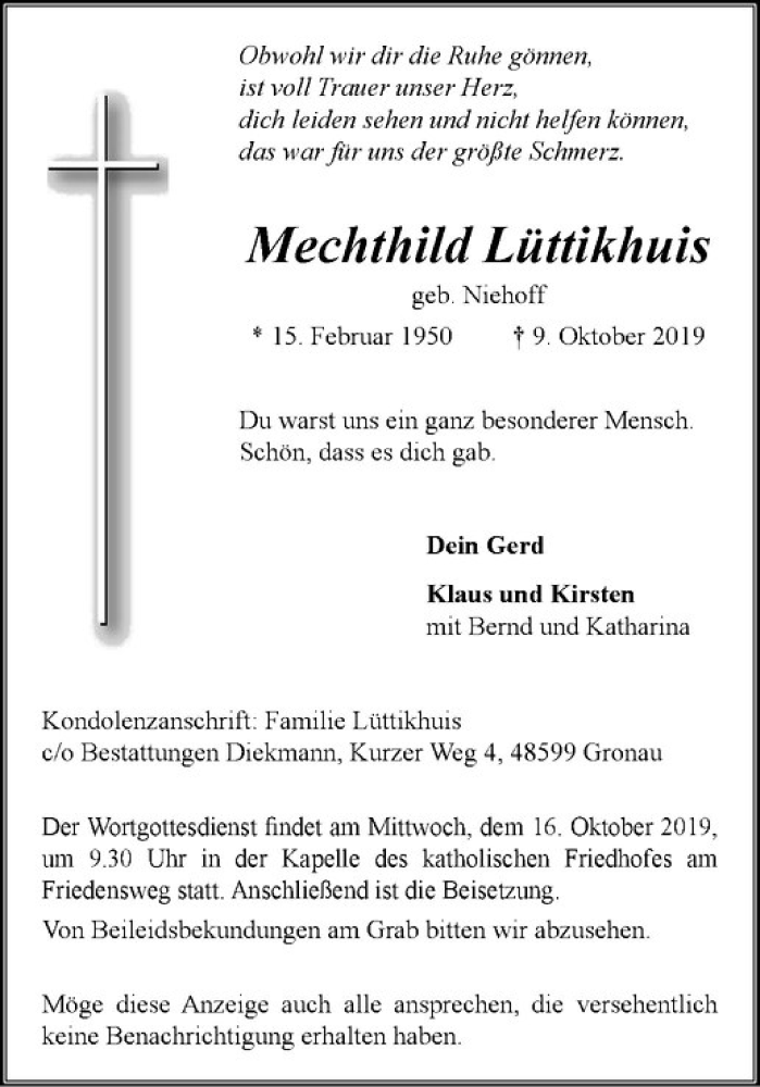  Traueranzeige für Mechthild Lüttikhuis vom 12.10.2019 aus Westfälische Nachrichten