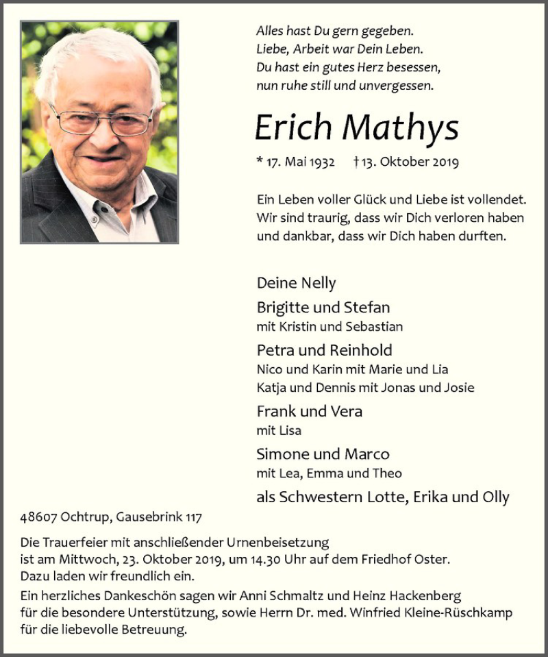  Traueranzeige für Erich Mathys vom 16.10.2019 aus Westfälische Nachrichten